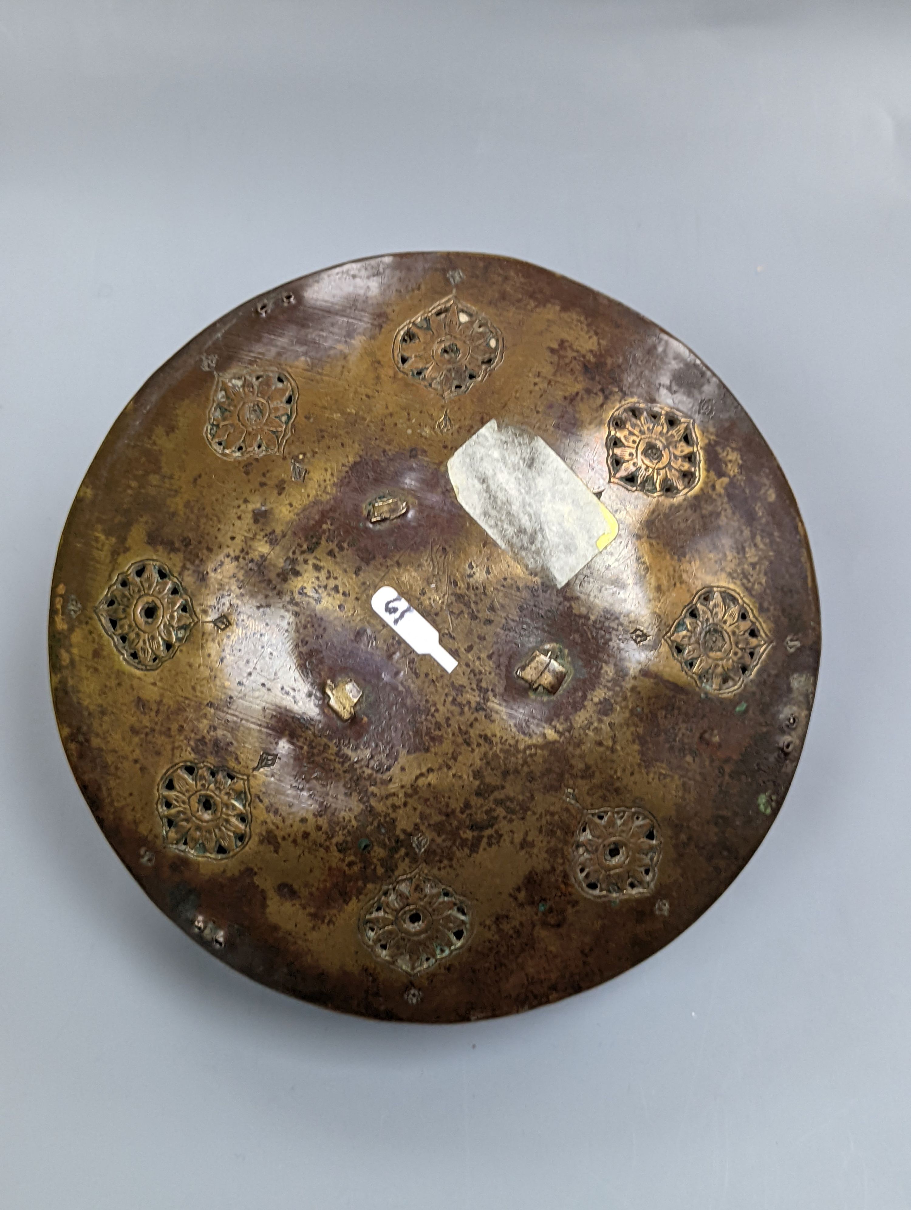 A Chinese bronze vase, 12cm., and an Islamic pierced brass lamp
